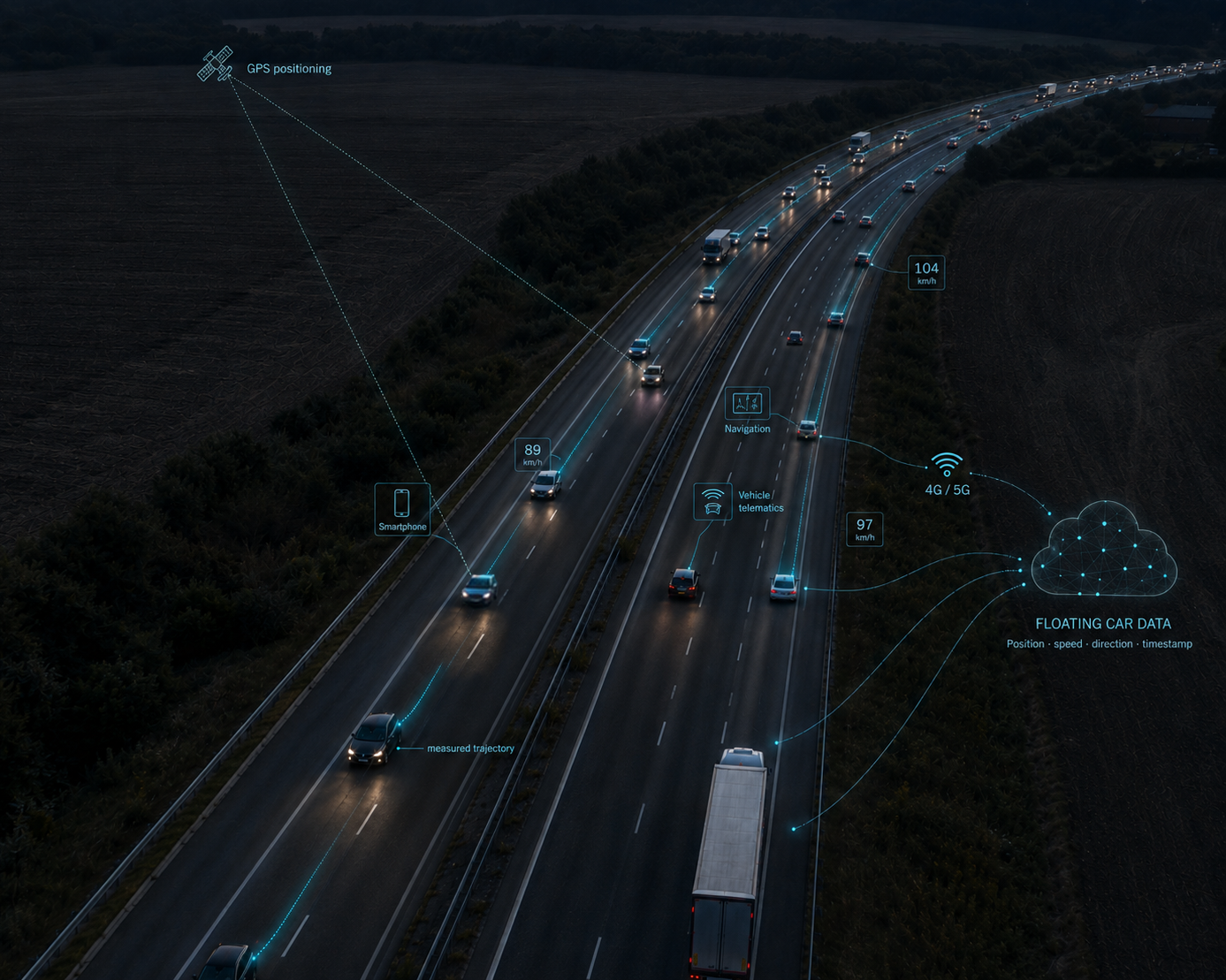 Diagram showing how GPS positioning, smartphones, navigation systems and vehicle telematics feed measured trajectories through 4G/5G into Floating Car Data