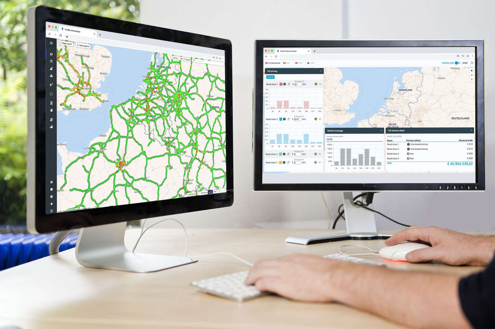 Toll Control Center dashboard showing toll pricing per road class alongside a live traffic map of the Benelux.