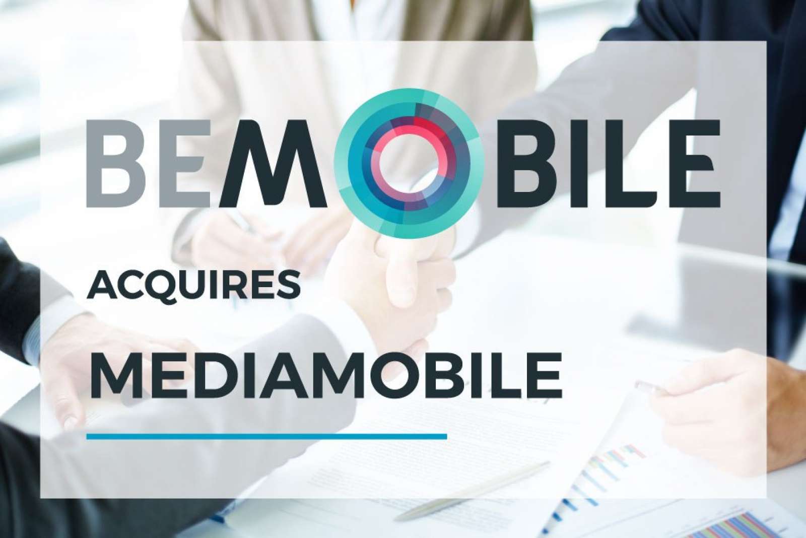 Be-Mobile acquires Mediamobile announcement graphic over a photo of a business handshake.