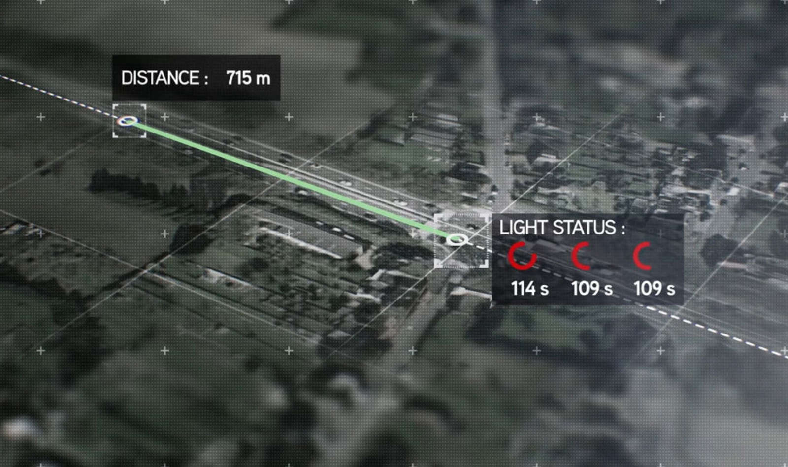 Digital interface showing distance and traffic light status for a connected vehicle.