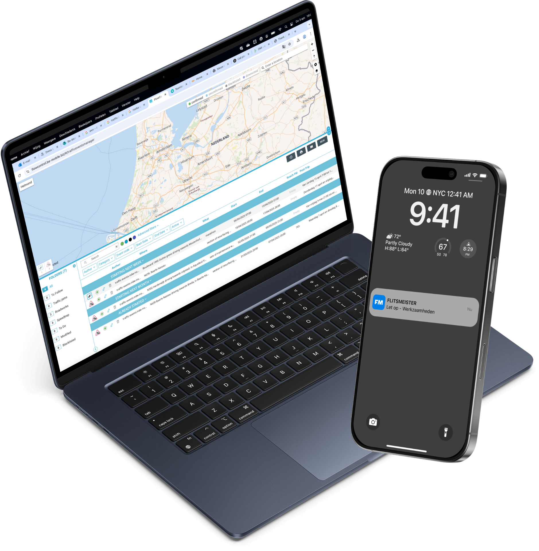 FlowControl traffic events manager on a laptop next to a smartphone showing a Flitsmeister roadworks alert