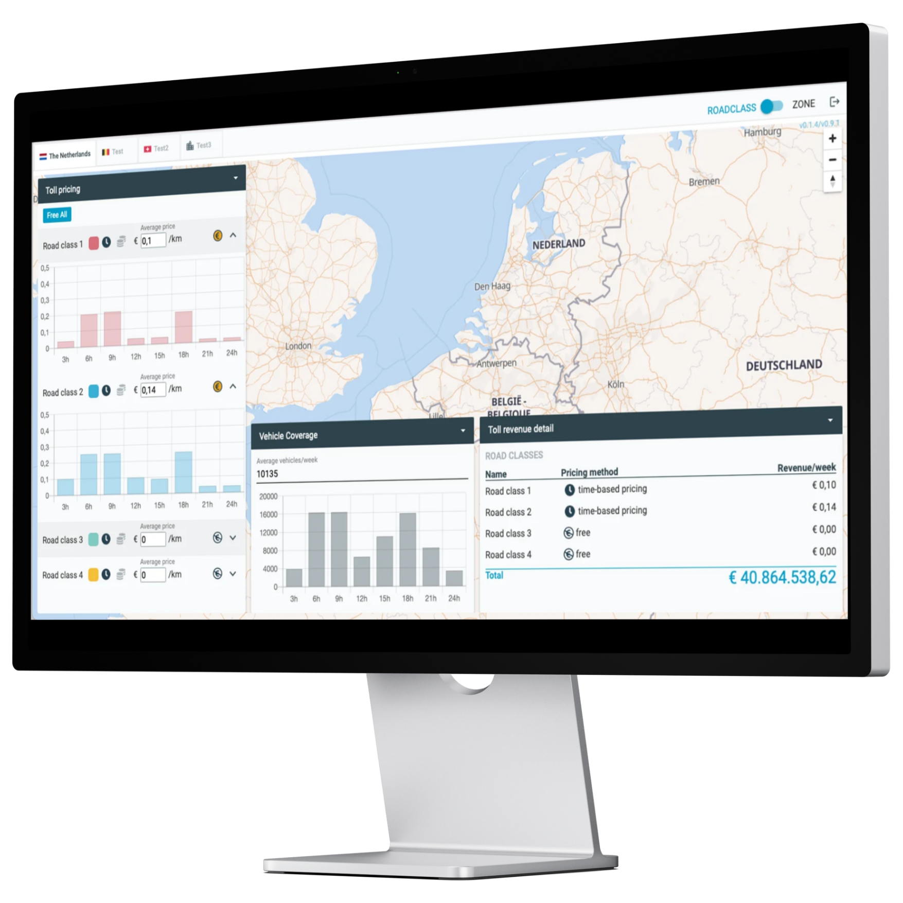 Toll Control Center platform showing toll pricing, vehicle coverage and revenue dashboard on a desktop monitor