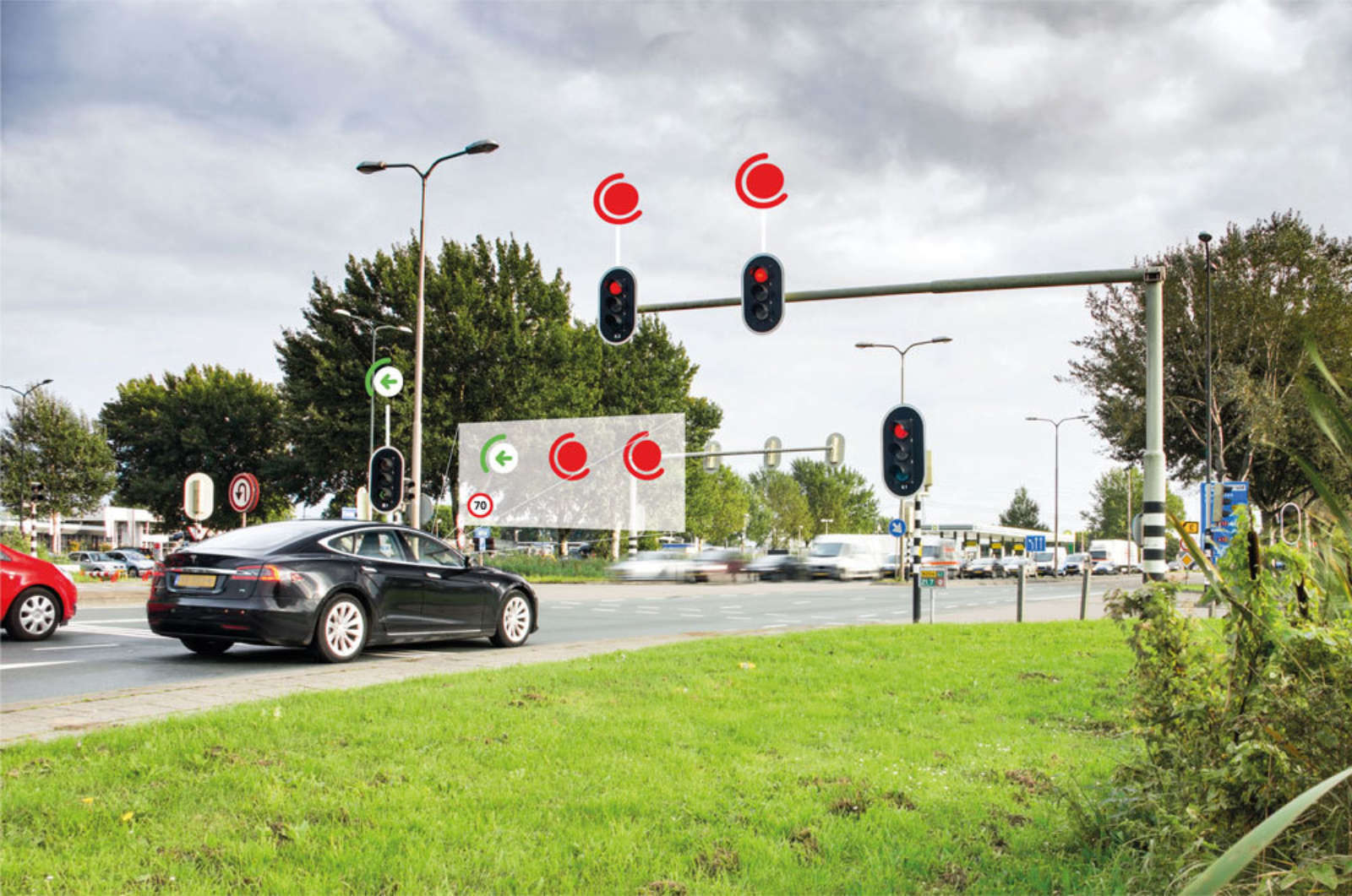 Graphic overlay on a street scene showing connected traffic lights and vehicle data.