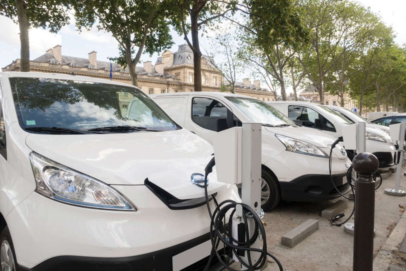 Row of white electric vans charging at pedestals on a tree-lined street in front of a classical building