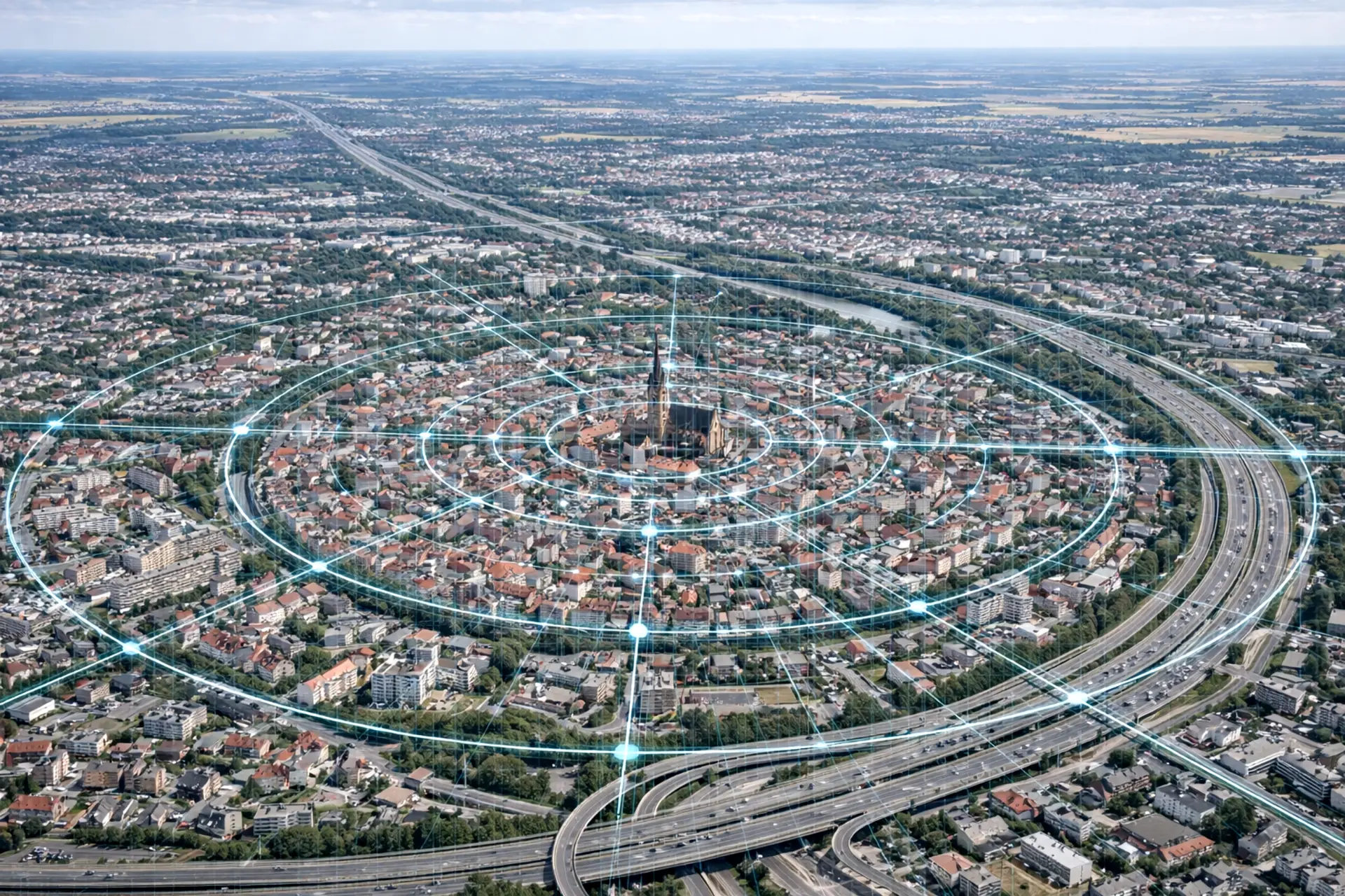 Aerial view of a city with a light blue network of connection lines and nodes spreading from the centre to the motorway, representing mobility rights managed across a city