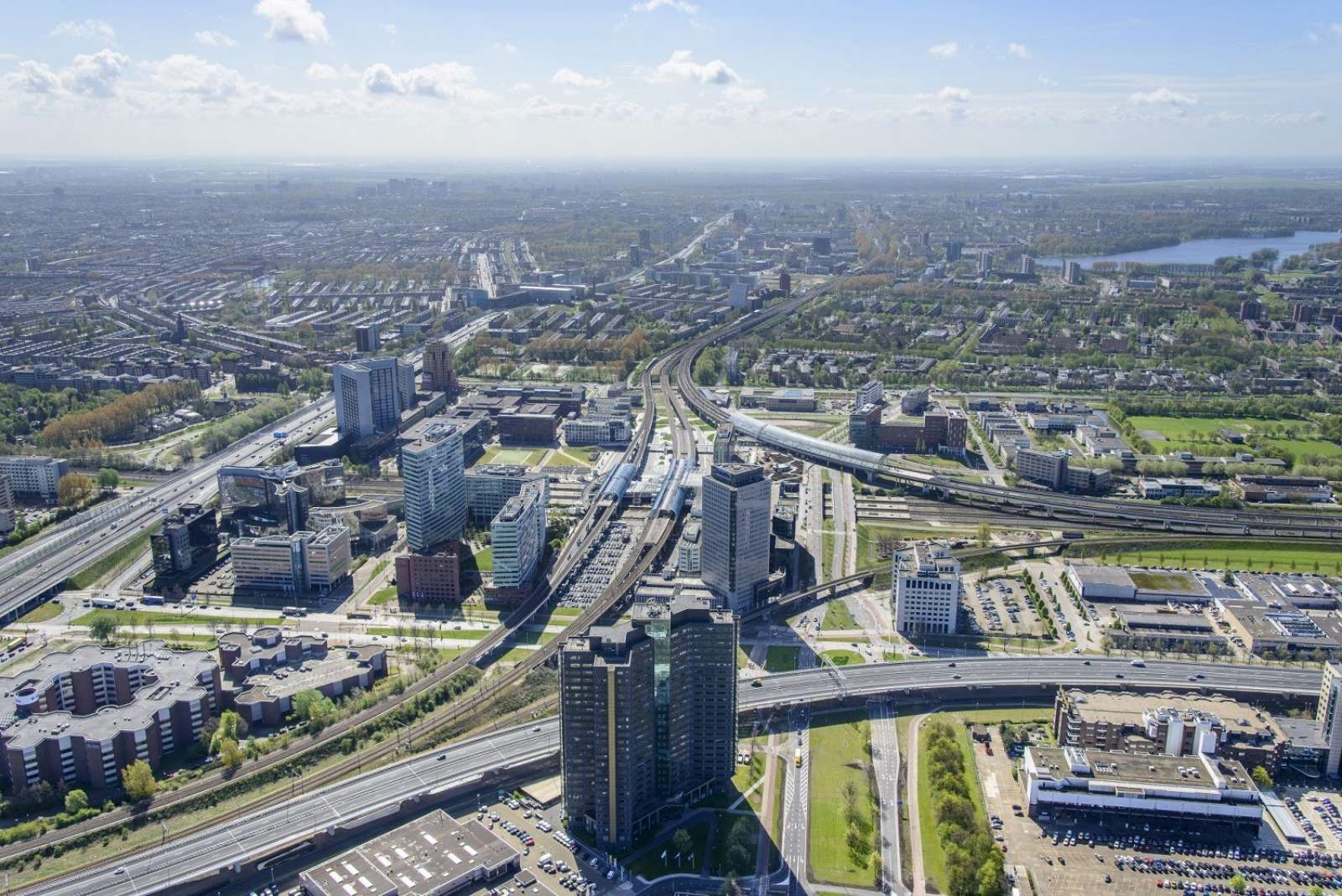 Aerial view of a Dutch highway junction with several lanes of traffic