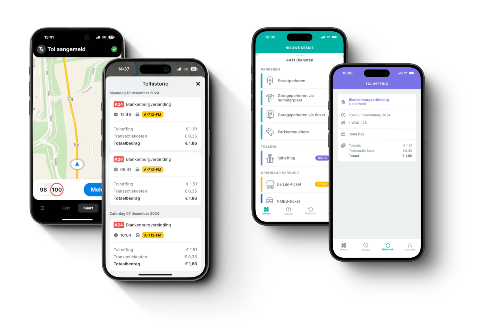 Flitsmeister and 4411 apps showing automatic toll registration and payment for the A24/Blankenburg connection
