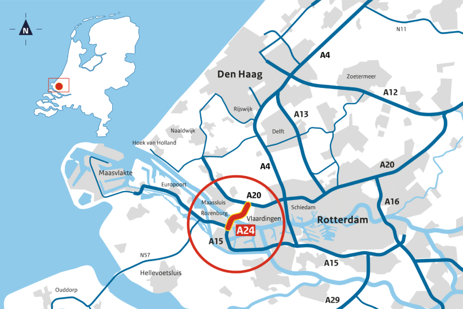 Map of the A24/Blankenburg connection linking the A20 and A15 in the Rotterdam Rijnmond region