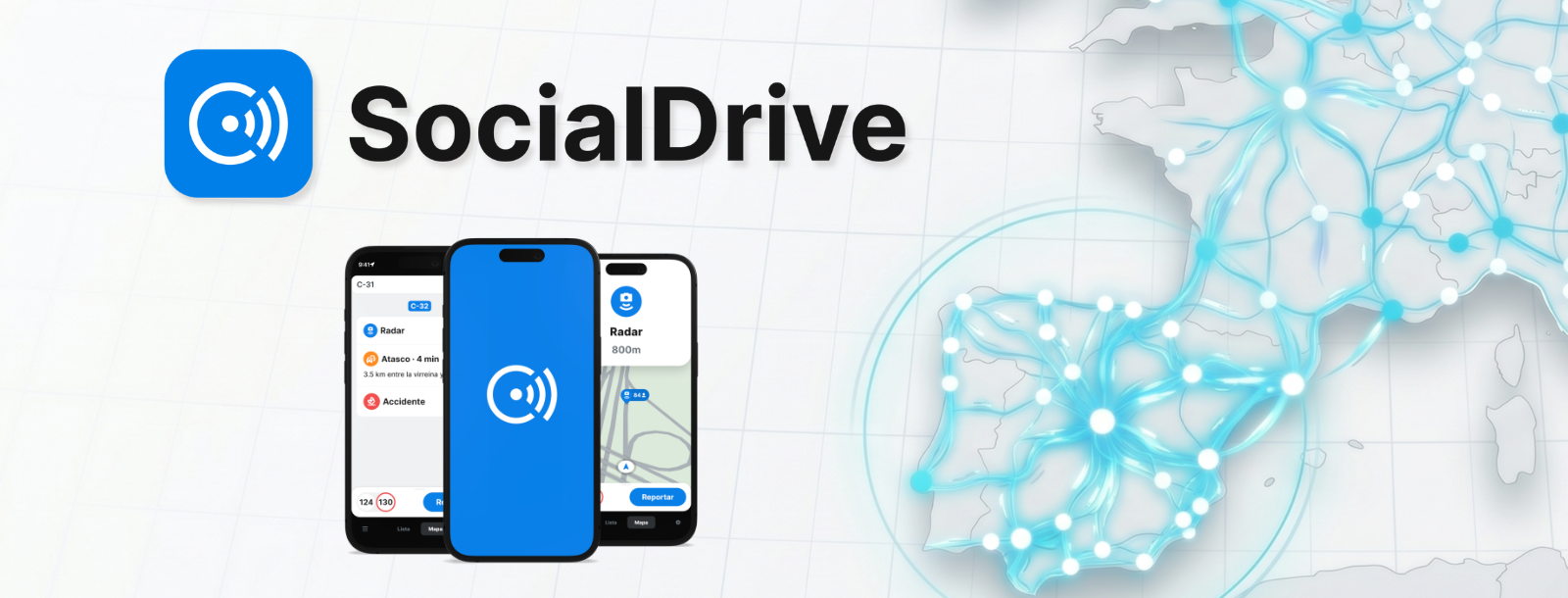 SocialDrive logo and mobile app screens shown alongside a connected mobility map of Spain.