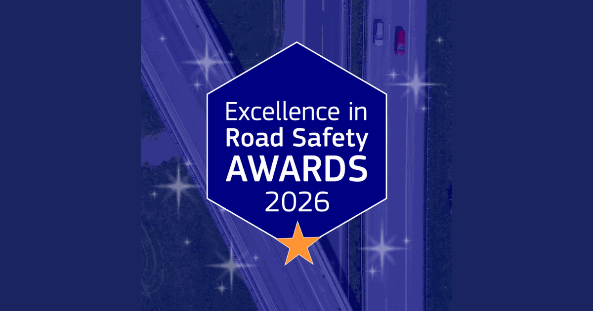 Excellence in Road Safety Awards 2026 badge over an aerial view of a motorway