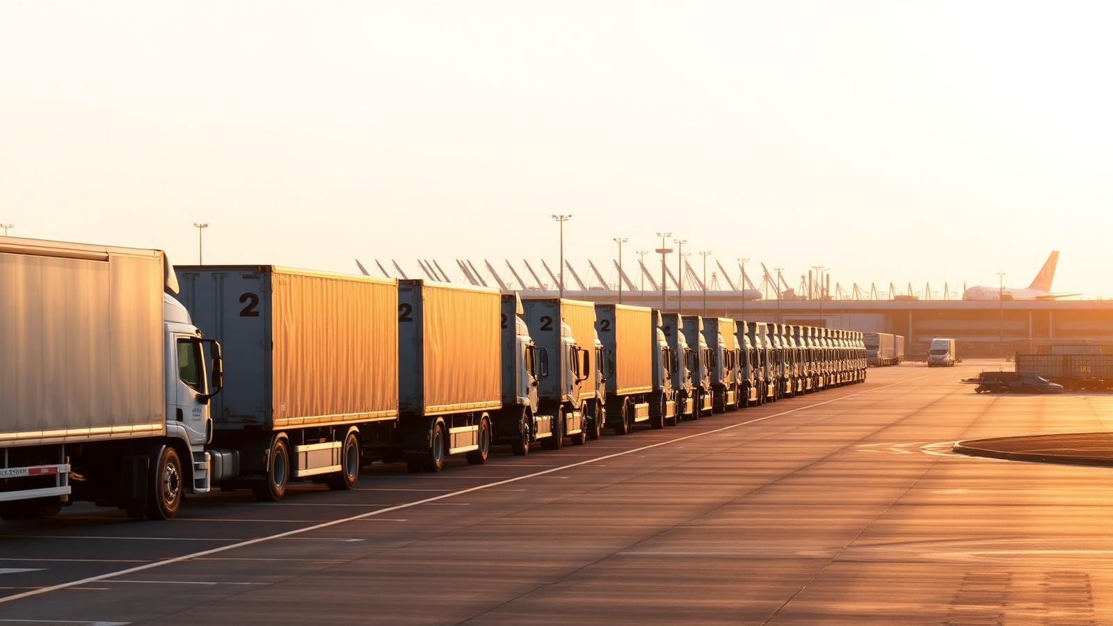 Cargo trucks at a Schiphol buffer location at sunrise — Be-Mobile digital truck flow assistance