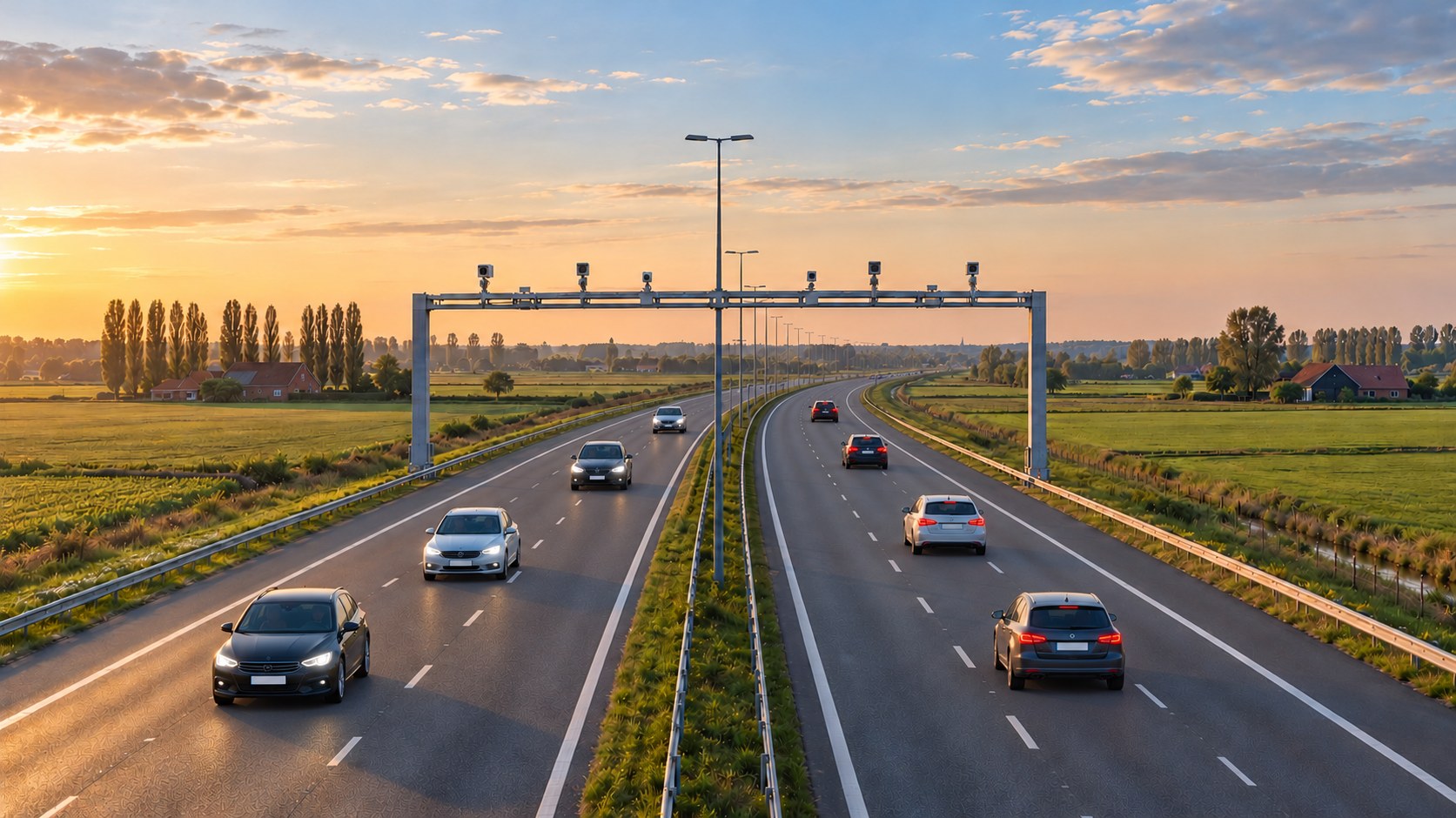 Overhead camera gantry spanning a motorway through flat farmland at sunset, with light traffic in both directions.