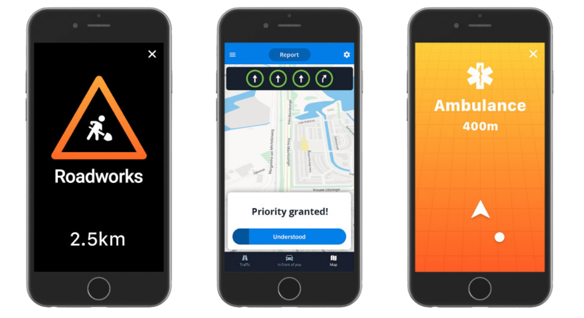 Examples of in-car warnings and connected traffic-light services in Flitsmeister.