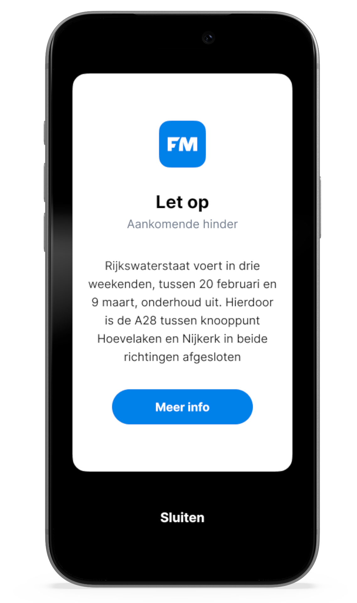 Example of a FlowAlert pre-trip traffic alert shown in a mobility app.