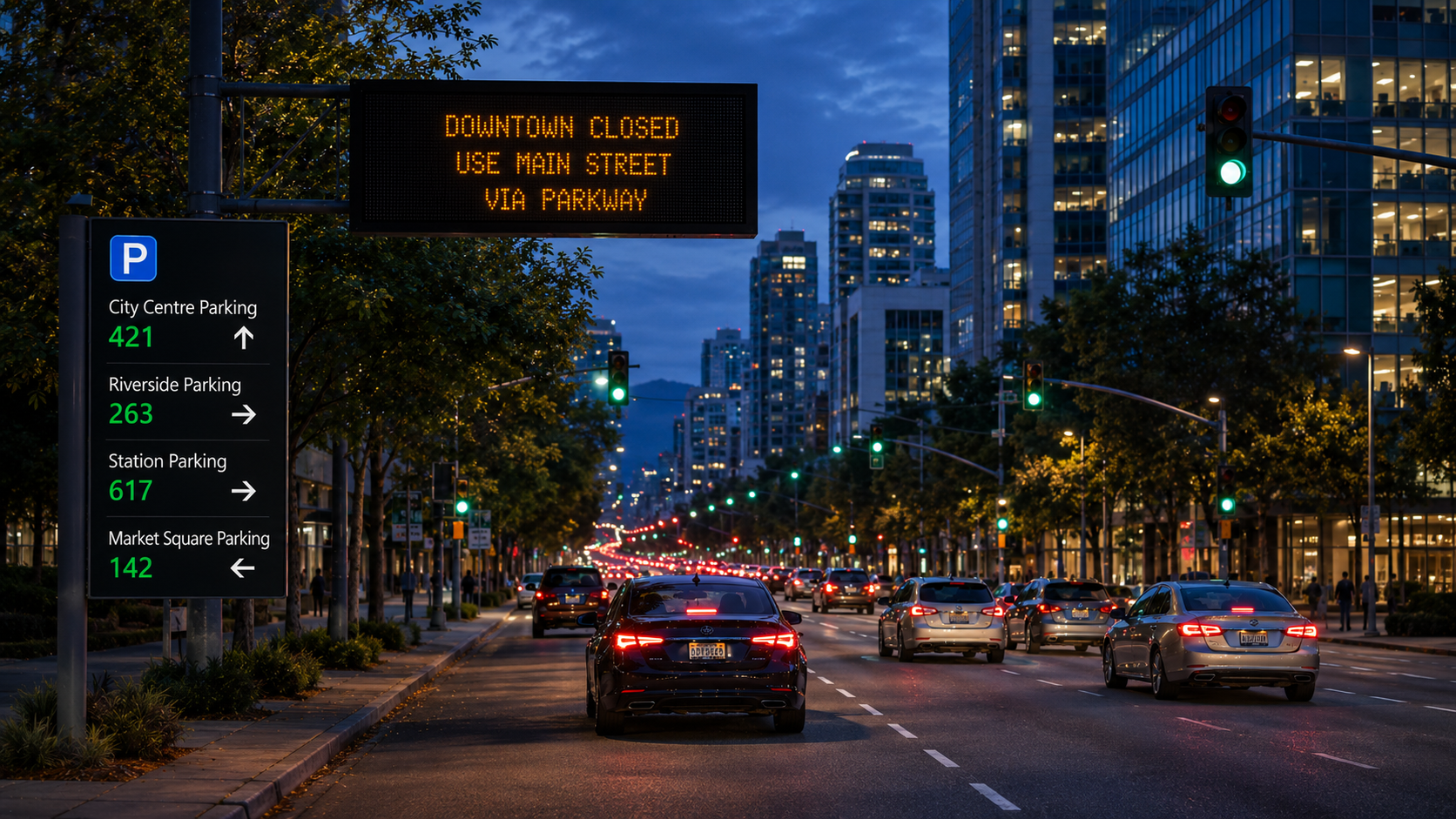 Urban traffic guidance scene showing variable message signs, traffic-light control and parking guidance in a busy city corridor.