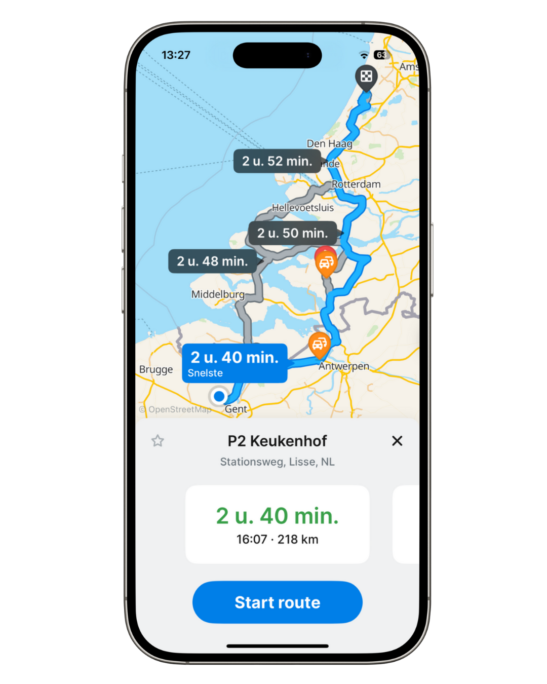 Flitsmeister app showing in-car route guidance to Keukenhof Parking 2 with real-time travel time