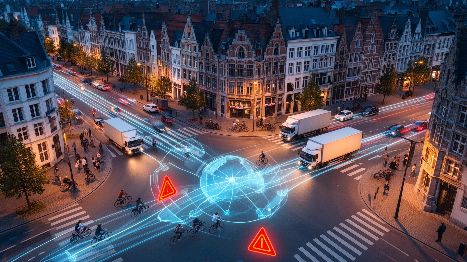 Illustration of a connected collision-warning system at an urban intersection.
